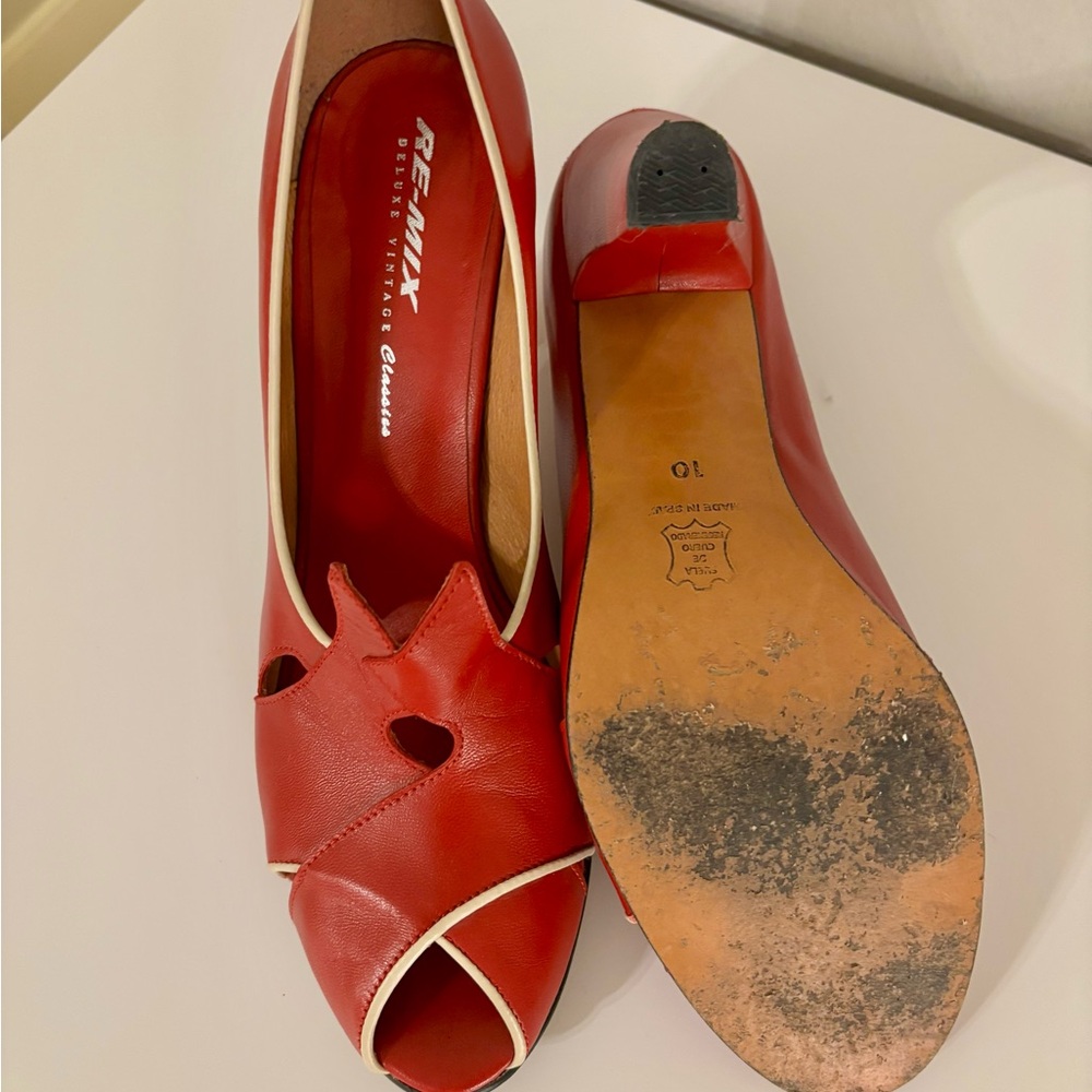 Re-Mix Delux Vintage Classics Size 10 Myrna Leather Red High Heels Peep Toe - Picture 5 of 7